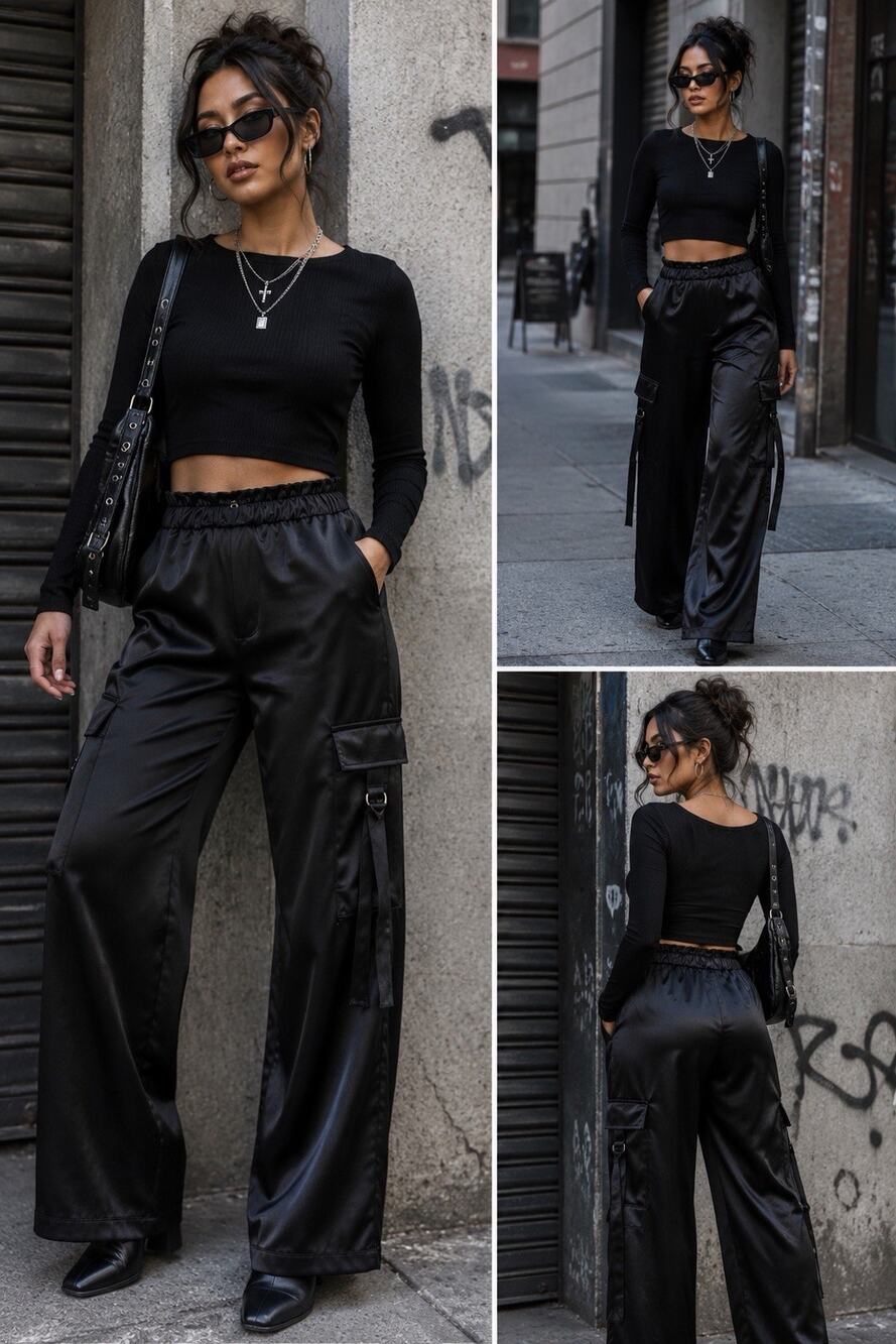 Persaya Black Satin Cargo Wide Leg Pants Size Small Elastic Waist EUC Grunge EUC